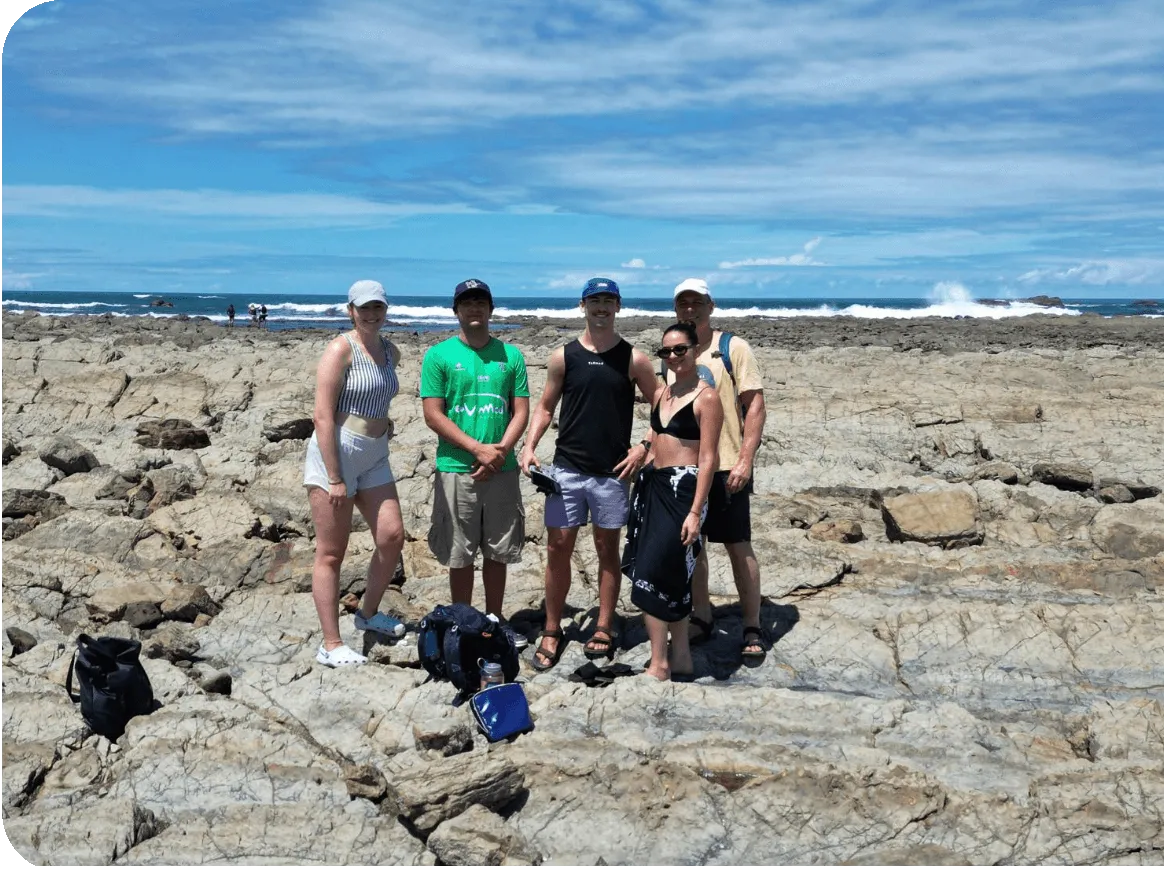 Group of hikers on a rocky coastal trail with turquoise sea views in Manuel Antonio