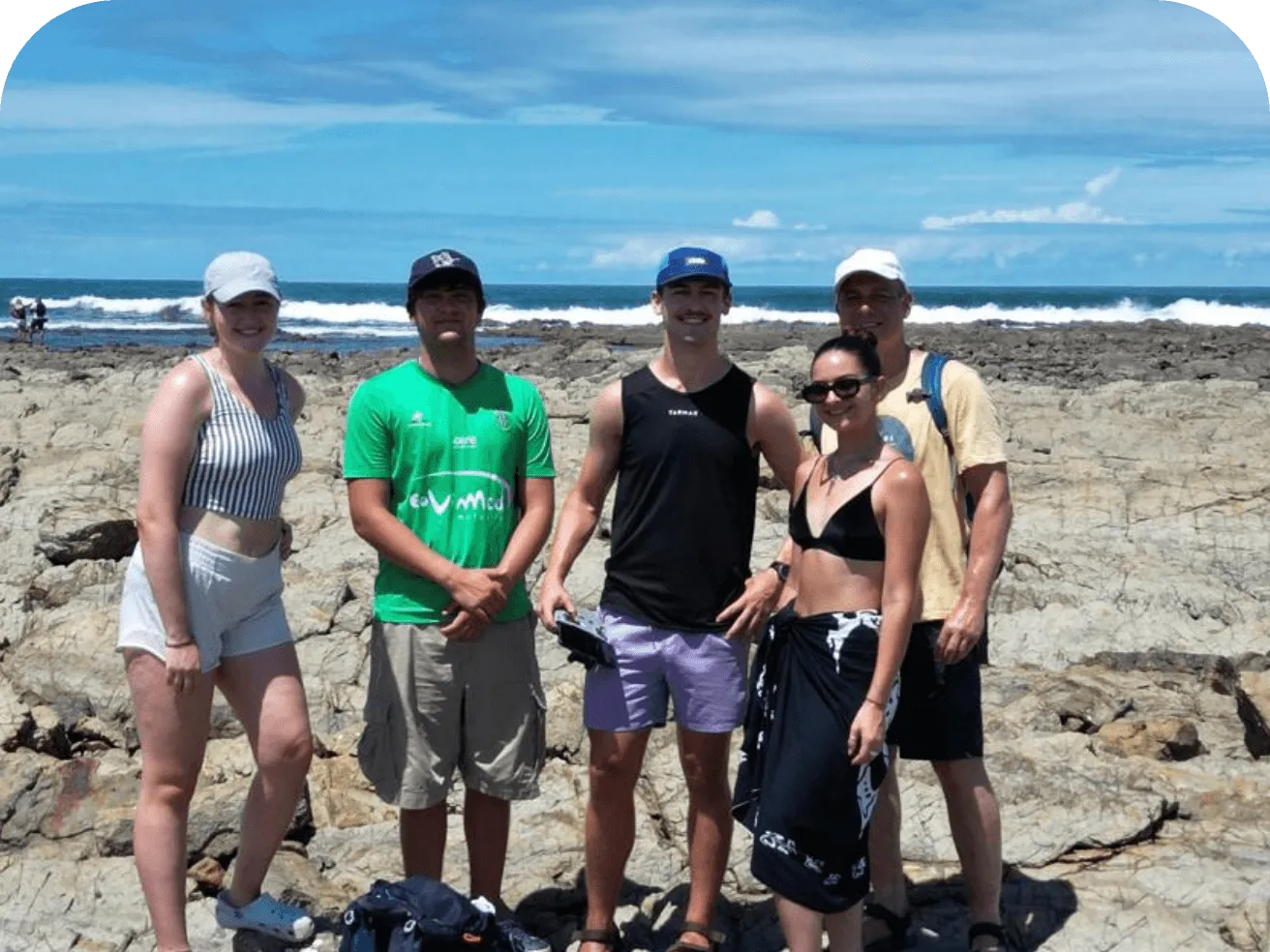 Group of hikers on a rocky coastal trail with turquoise sea views in Manuel Antonio
