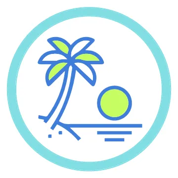 Palm tree and sun icon in blue and green inside a teal circle